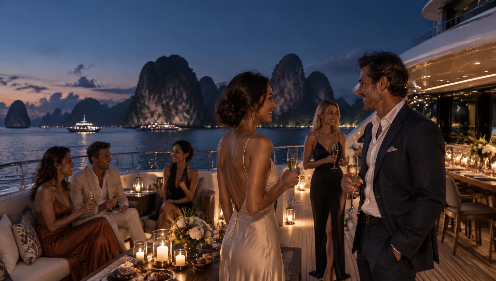 Guests at a private yacht celebration among the islands of Phuket